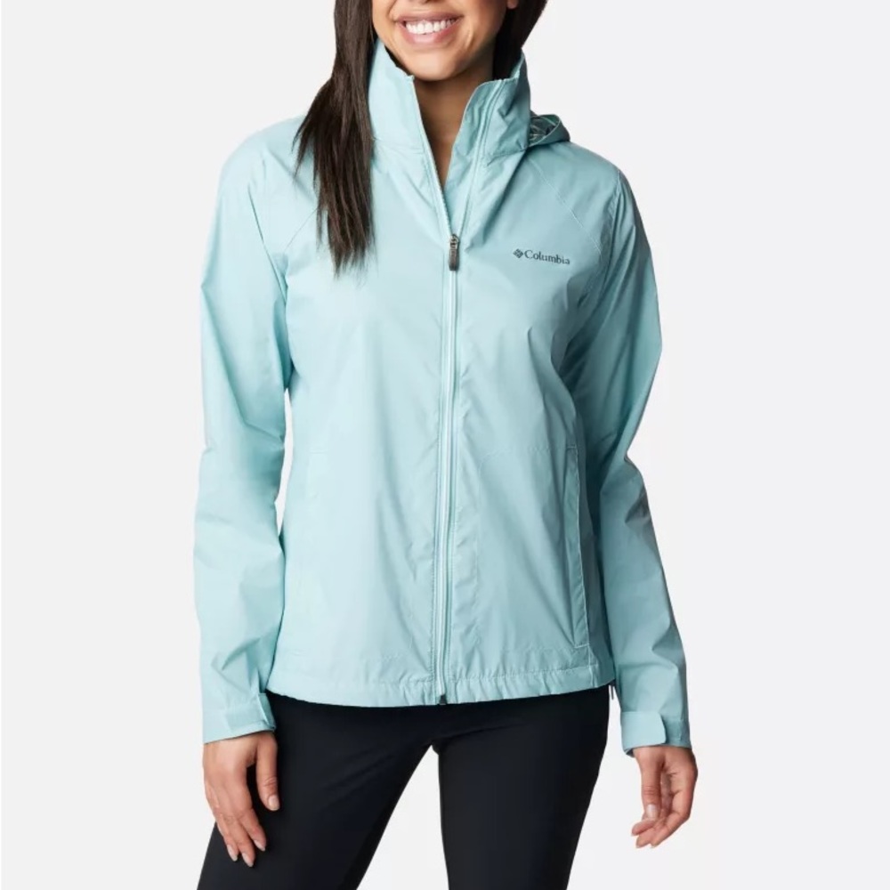 Medium Columbia rain jacket. Light blue, light weight. Adjustable hood.